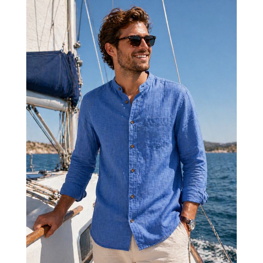 Old Navy Chambray Denim Button Shirt Men M Blue Slim Fit Linen Blend Band Collar